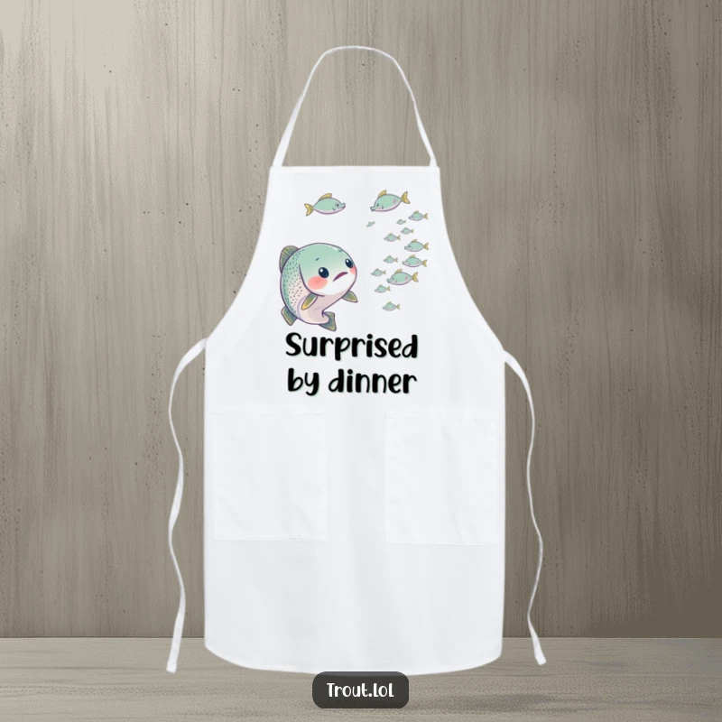 Funny apron depicting a trout looking surprised by tiny fish, perfect for kitchen protection and humorous reactions.