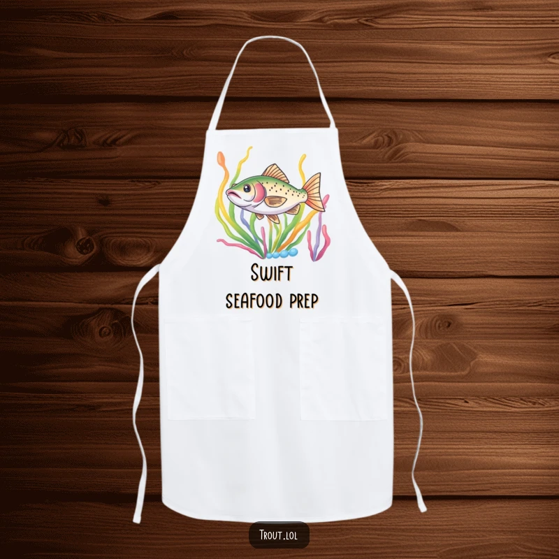 Funny apron with a trout darting through colorful seaweed, ideal for adding aquatic fun to cooking and grilling.