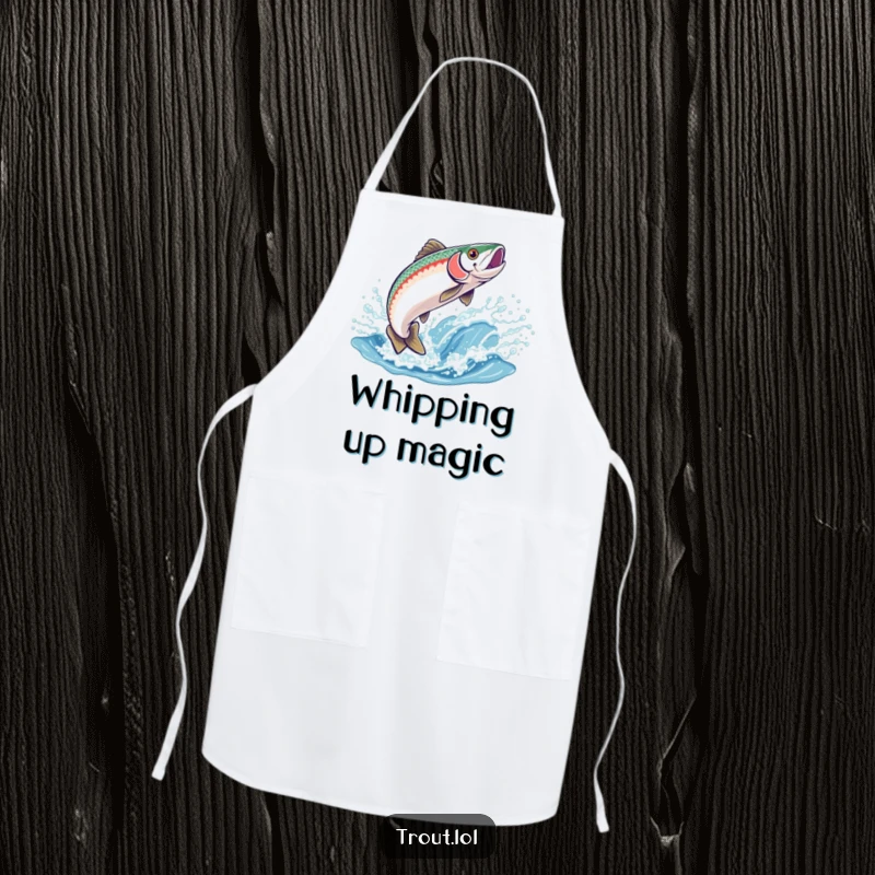 Funny apron depicting a joyful trout leaping from a sparkling wave, designed for culinary adventures and kitchen humor.