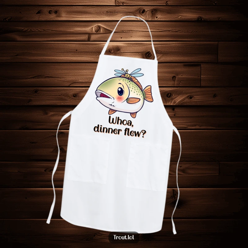 Funny Surprised Kawaii Trout Apron showing a shocked fish reacting to a dragonfly, humorous kitchen wear.