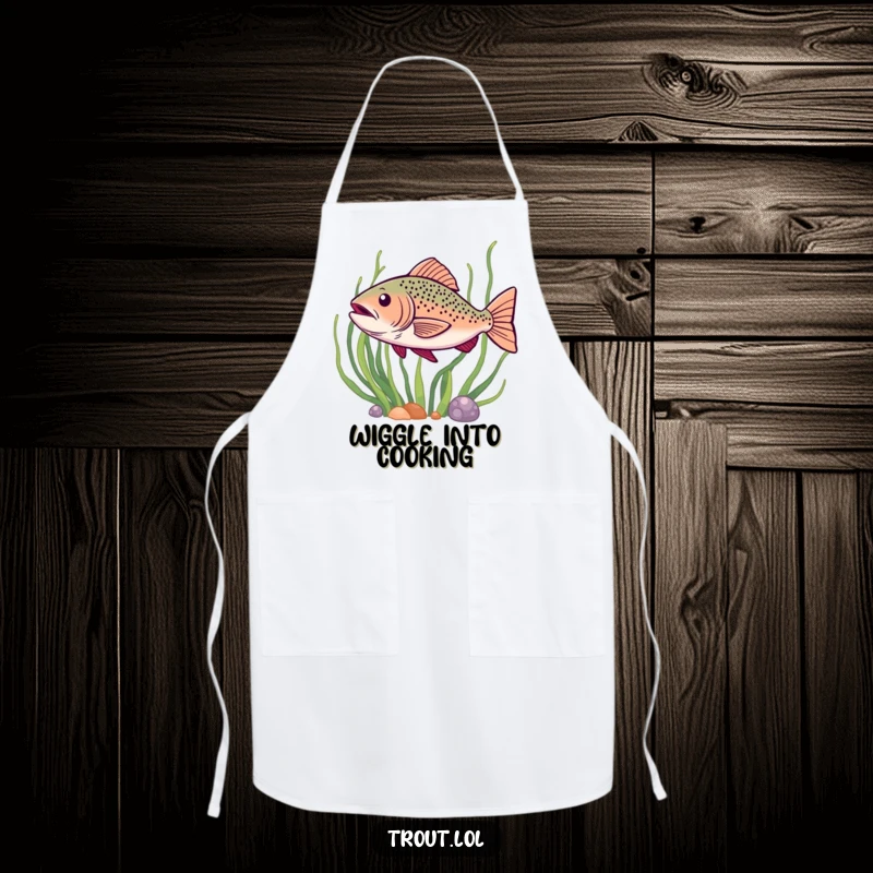 Funny apron illustrating a trout doing a happy wiggle as it swims past seaweed, perfect for a cheerful cook.