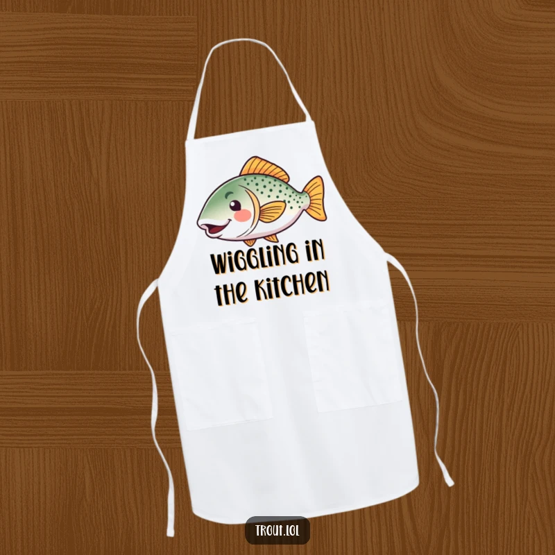 Funny kawaii trout apron showing a happy fish wiggling its tail, making cooking and kitchen tasks more humorous, a perfect funny gift.