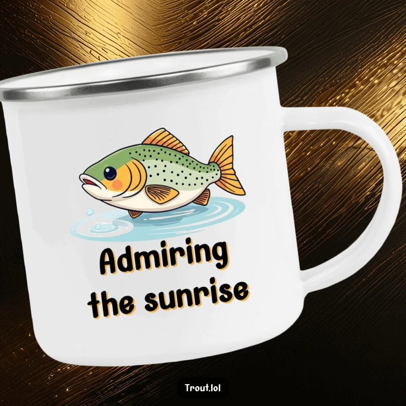 Funny camping mug with a trout playfully chasing its reflection, perfect for humorous outdoor beverages.