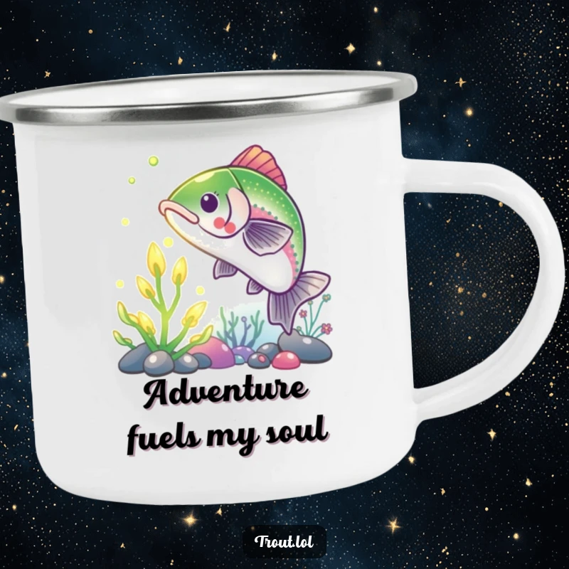 Funny Trout Camping Mug: A durable enamel mug with a trout reaching for a glowing underwater plant, ideal for outdoor humor.