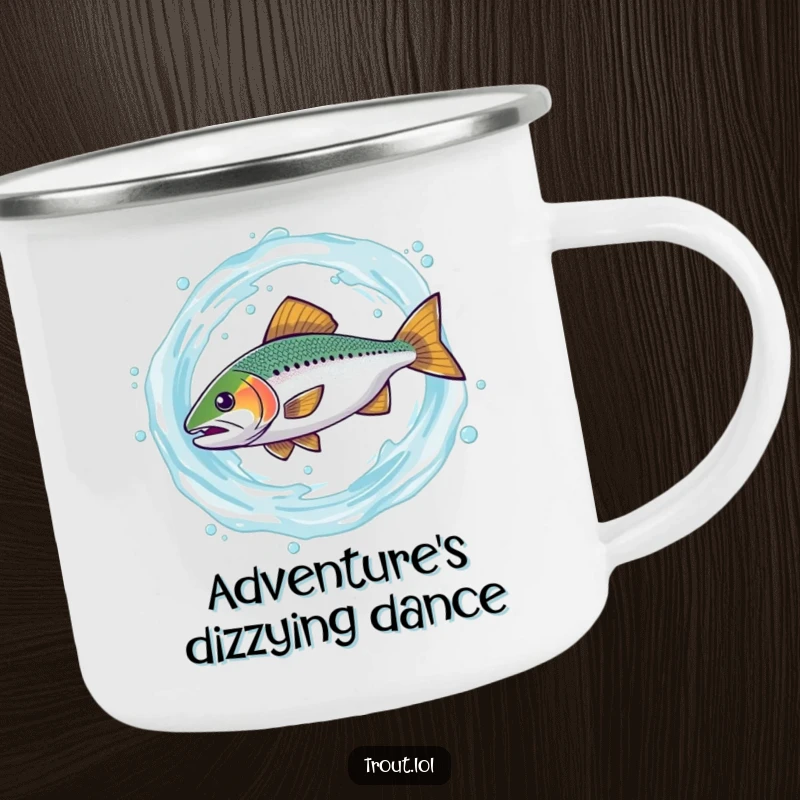 Funny enamel camping mug showing a trout comically spinning in a water swirl, a humorous and sturdy companion for camping trips and outdoor fun.