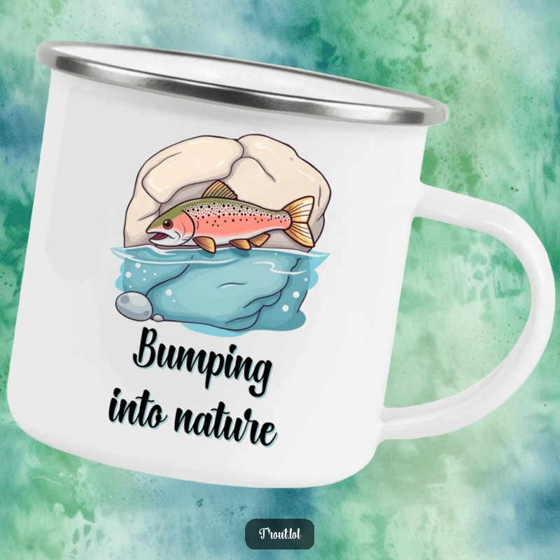 Funny Camping Mug with a trout comically bumping into a rock, perfect for drinks during outdoor excursions.