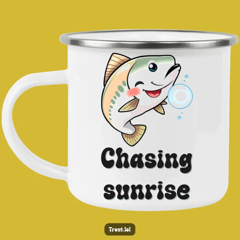 Funny Grinning Trout Camping Mug: Chasing Bubble Fun - Outdoor Play