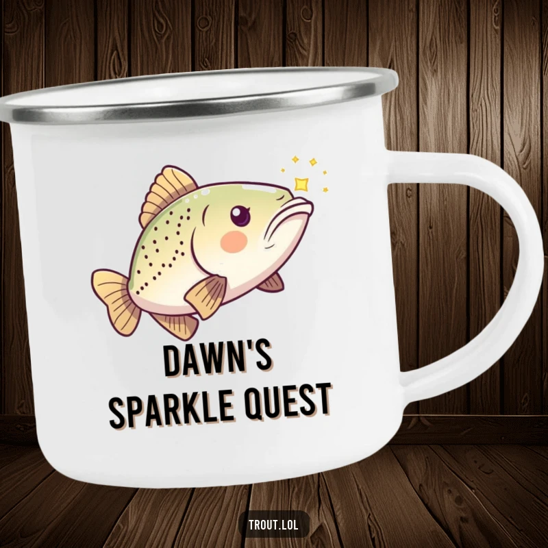 Funny Kawaii Trout Camping Mug with a playful fish chasing a shimmering light, ideal for outdoor humor.