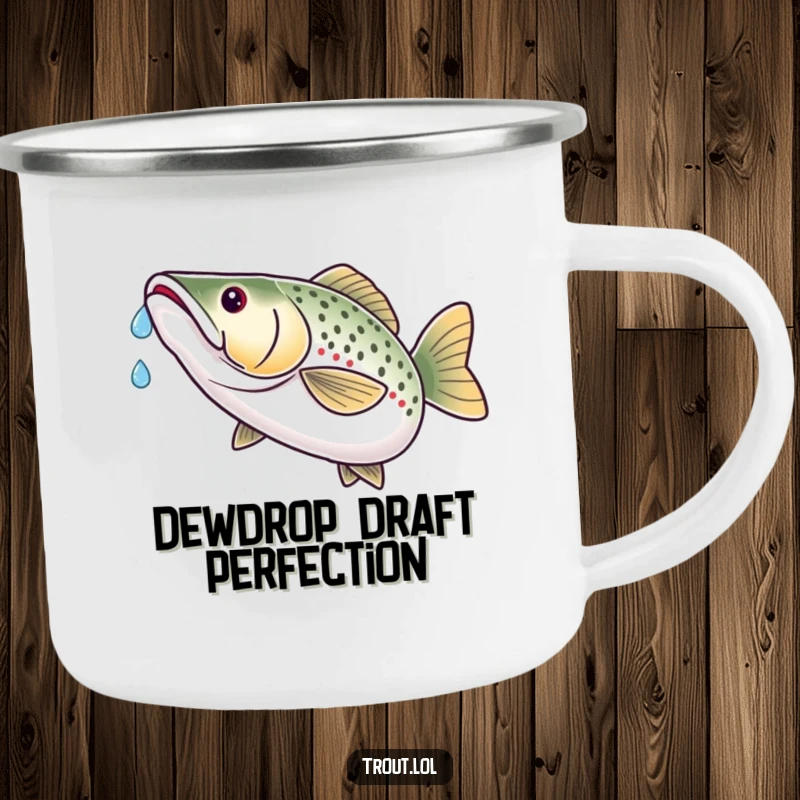 Funny camping mug showcasing a trout with extreme satisfaction catching a tiny water droplet on its nose in an outdoor setting.