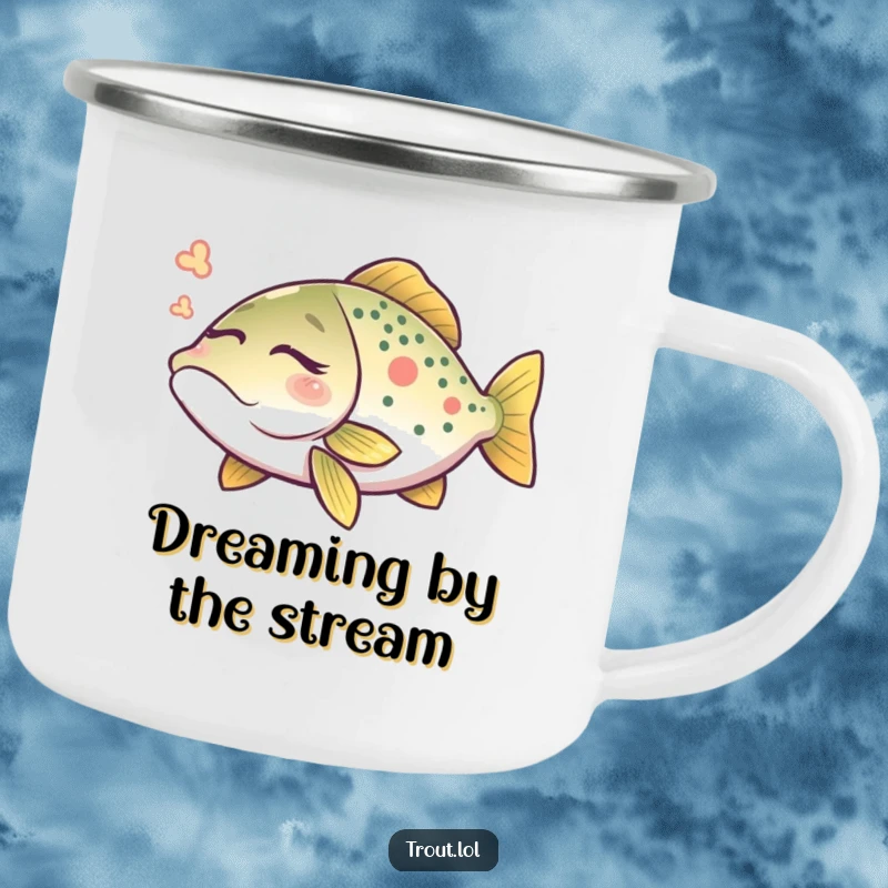 Funny trout dream camping mug featuring a peaceful trout dreaming with closed eyes, great for outdoor relaxation.