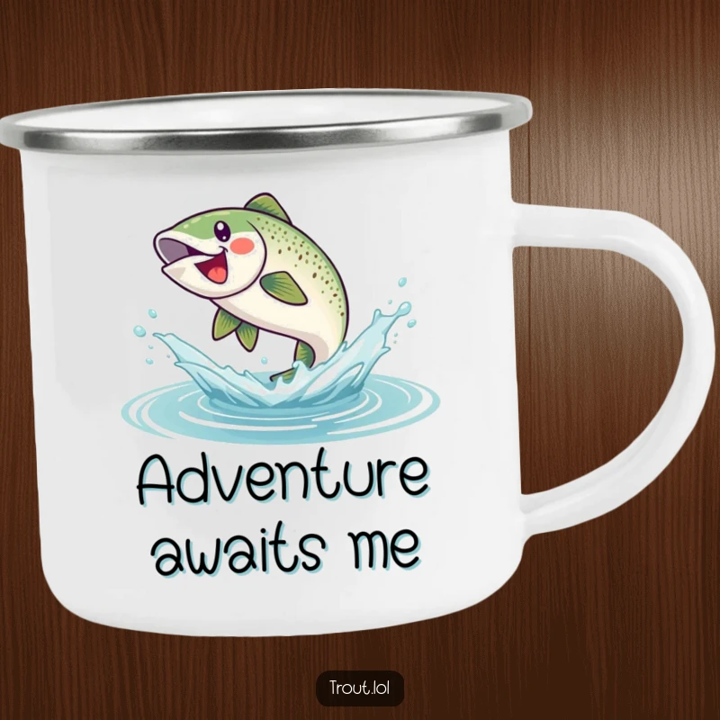 Funny camping mug showcasing a happy trout leaping energetically from a water splash, ready for outdoor adventures and morning brews.