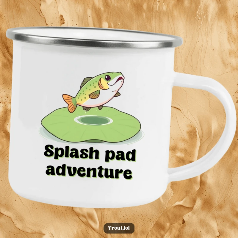 Funny camping mug depicting a trout gleefully bouncing on a lily pad, great for outdoor enthusiasts who love humor.