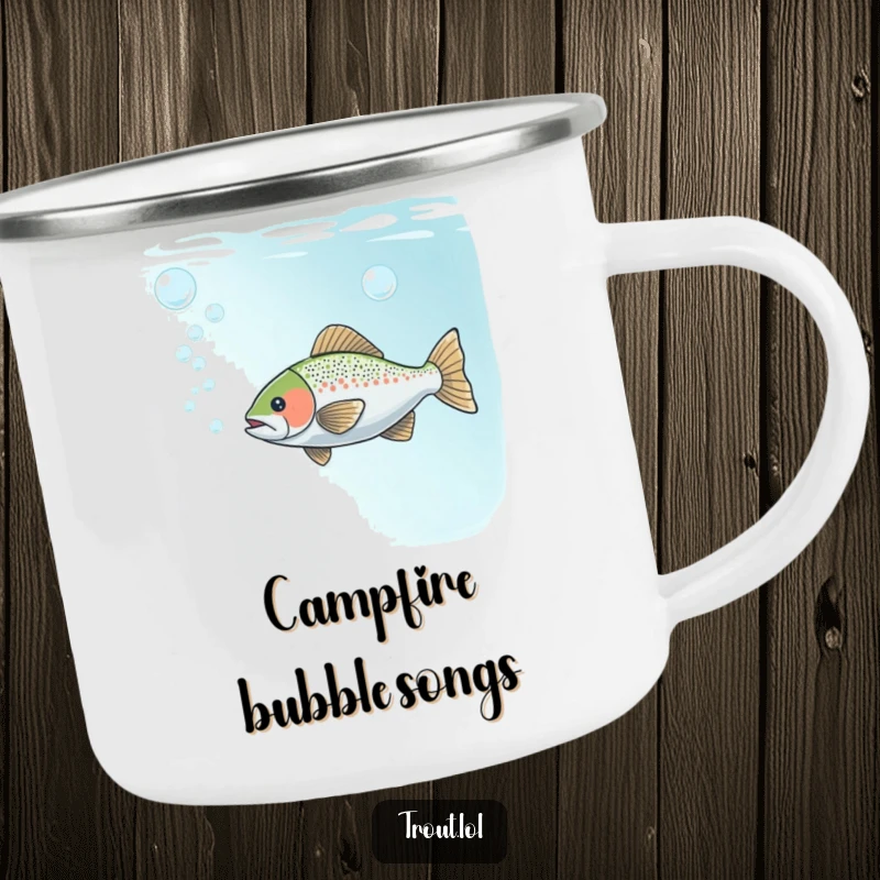 Funny camping mug showing a trout playfully blowing bubbles underwater, ready for outdoor adventures and morning coffee.