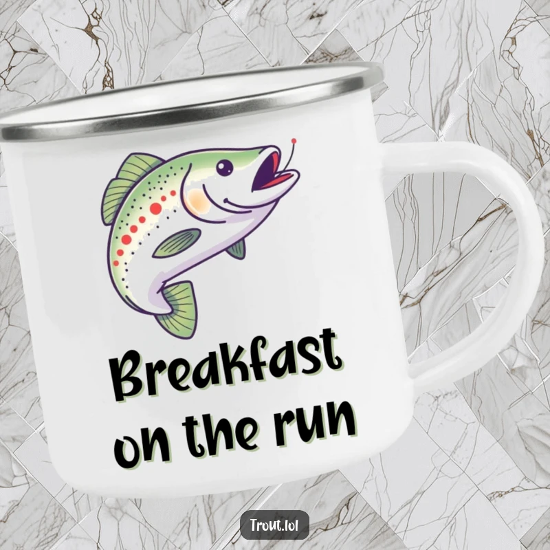 Funny, durable camping mug with an energetic trout chasing a minnow, perfect for outdoor enthusiasts who enjoy humor and adventure.