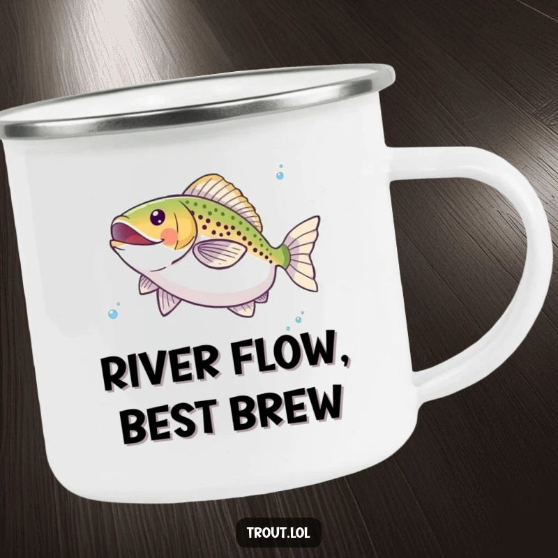 Funny camping mug featuring a happy trout doing a twirl underwater, perfect for outdoor enthusiasts needing a dose of aquatic humor.