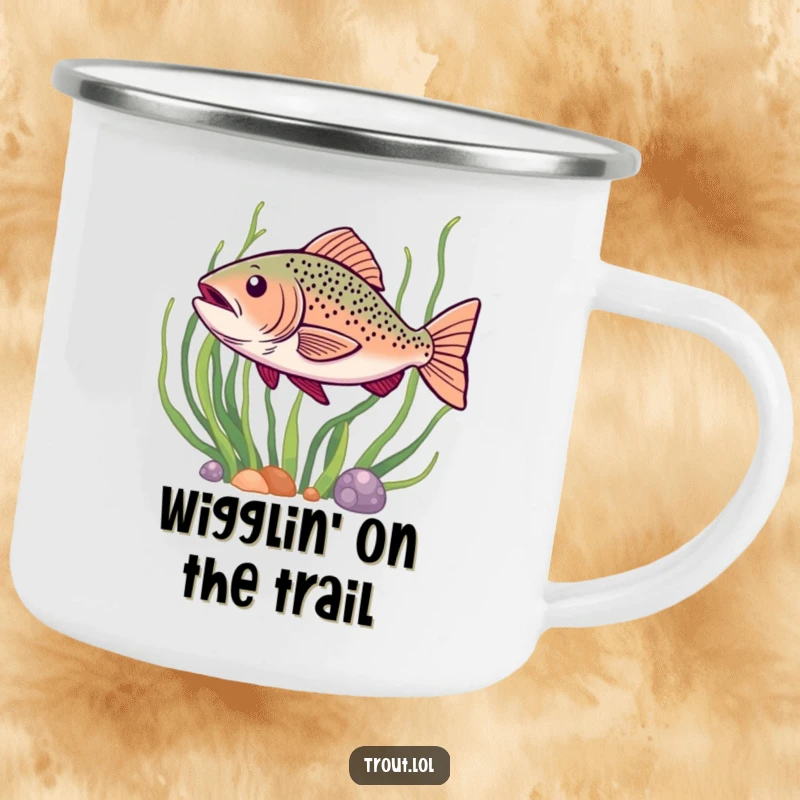 Funny camping mug showing a trout doing a happy wiggle past seaweed, ready for happy adventures.