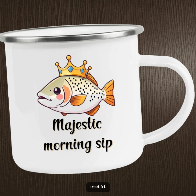 Funny Kawaii Trout Camping Mug with a crowned trout swimming royally, perfect for outdoor humor.