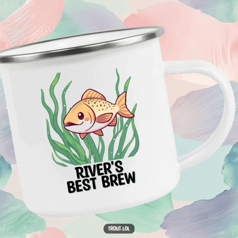 Funny camping mug featuring a grinning kawaii trout swimming through seaweed, perfect for enjoying hot drinks on outdoor excursions.