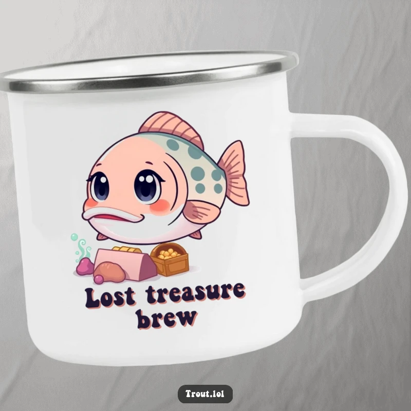 Funny camping mug featuring a curious kawaii trout gazing at sunken treasure, perfect for enjoying hot drinks on adventures.