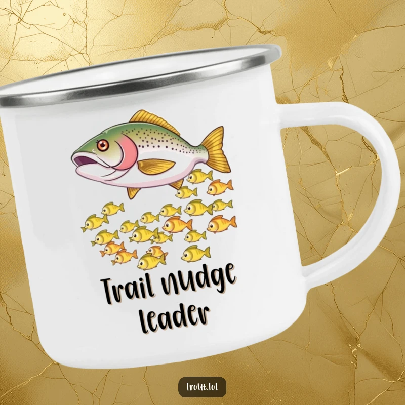Funny camping mug depicting a trout playfully nudging smaller fish, causing them to dart, great for outdoor humor.