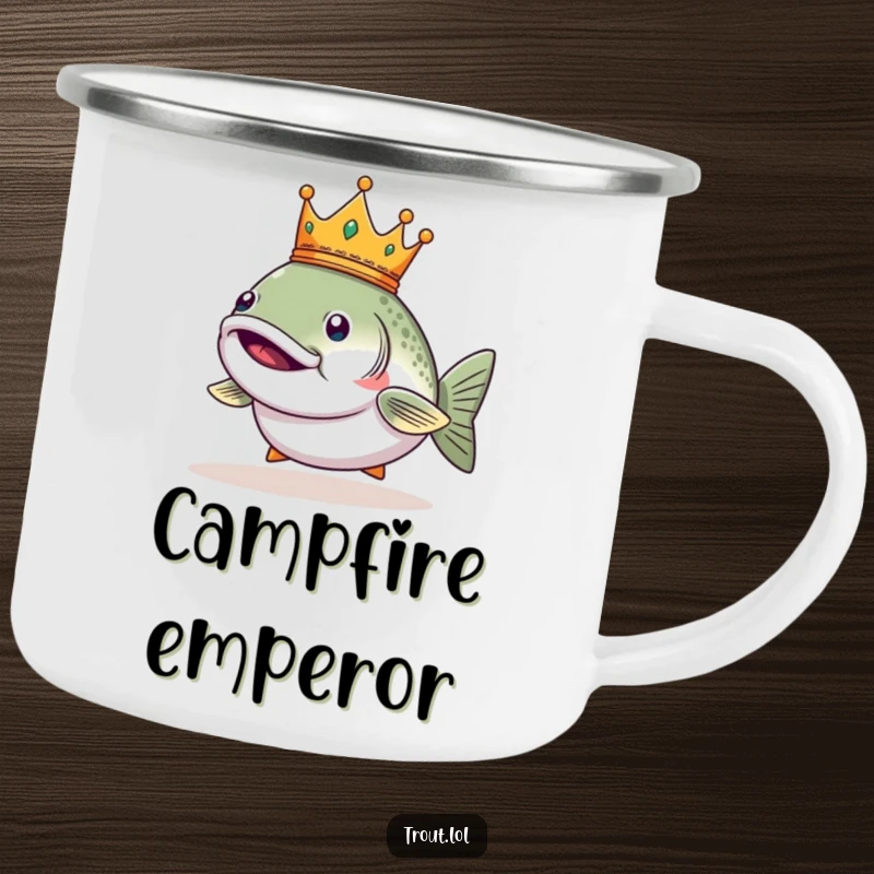 Funny camping mug featuring a smug trout wearing a tiny crown, perfect for outdoor rule.