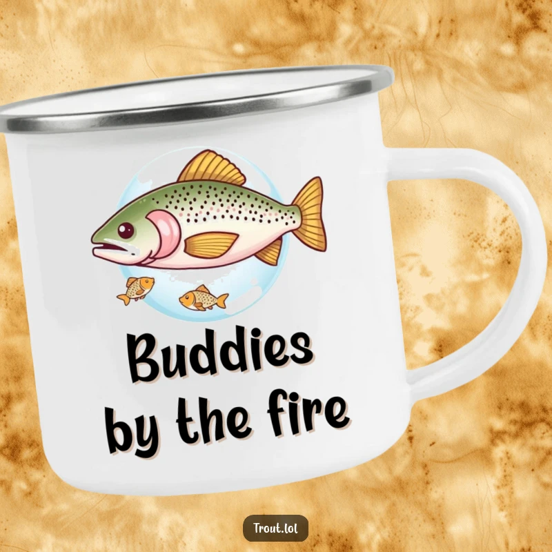 Funny enamel camping mug showing a trout sharing a tiny bubble with a smaller fish, a humorous and heartwarming companion for outdoor adventures.