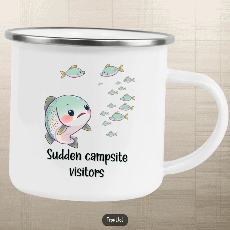 Funny camping mug featuring a trout looking surprised by tiny fish, perfect for outdoor enthusiasts and lovers of funny reactions.