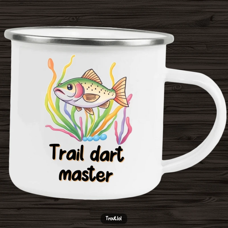 Funny camping mug showing a trout darting through colorful seaweed, perfect for enjoying drinks during outdoor aquatic adventures.