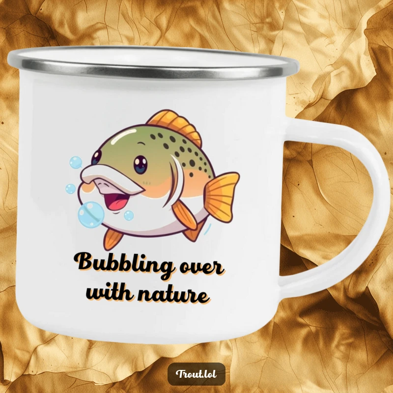 Funny camping mug featuring a trout making a comical face with bubbles, perfect for outdoor enthusiasts needing a dose of aquatic humor.