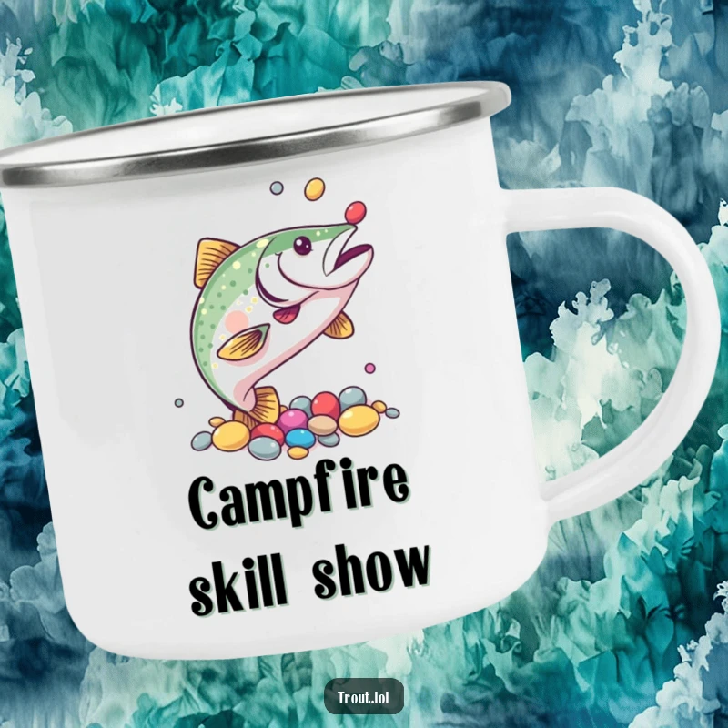 Funny camping mug featuring a trout juggling colorful pebbles with its fins, perfect for outdoor enthusiasts and skill lovers.