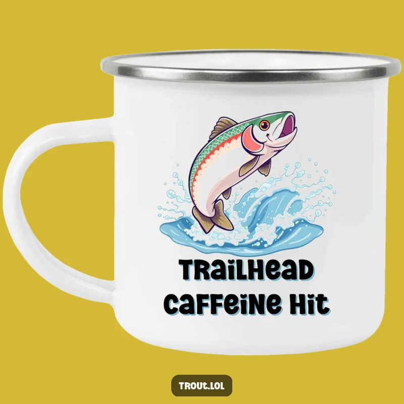 Funny Trout Leap Camping Mug: Joyful Fish Jumping into Sparkling Wave - Outdoor Gift