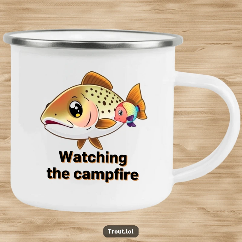 Funny Wide-Eyed Trout Camping Mug featuring a trout with wide eyes, curiously watching a colorful fish swim by, ideal for outdoor use and observation.