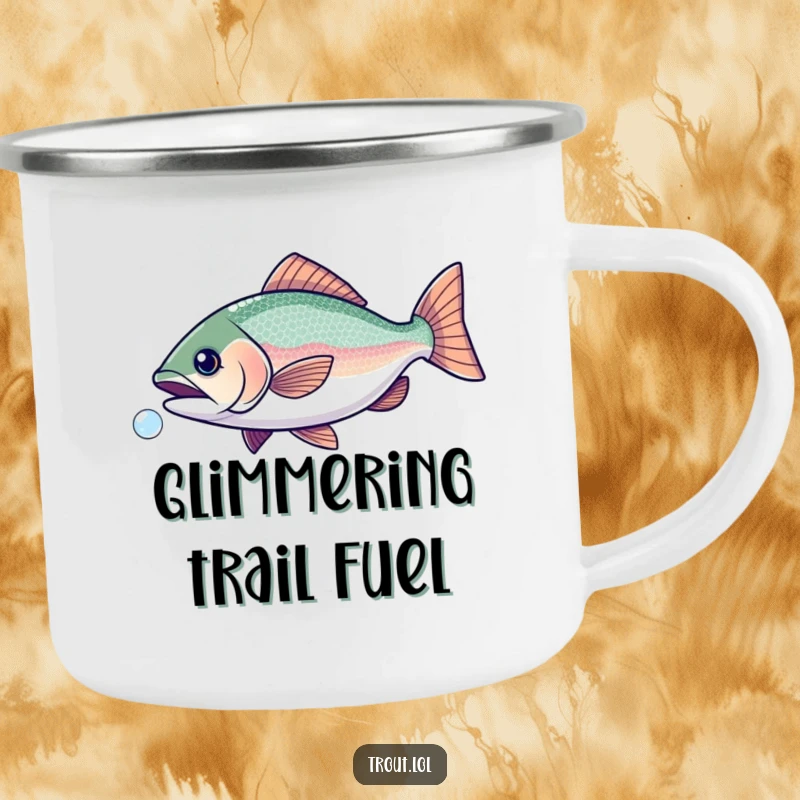 Funny camping mug showing a trout with sparkly scales chasing a bubble, ready for outdoor fun.