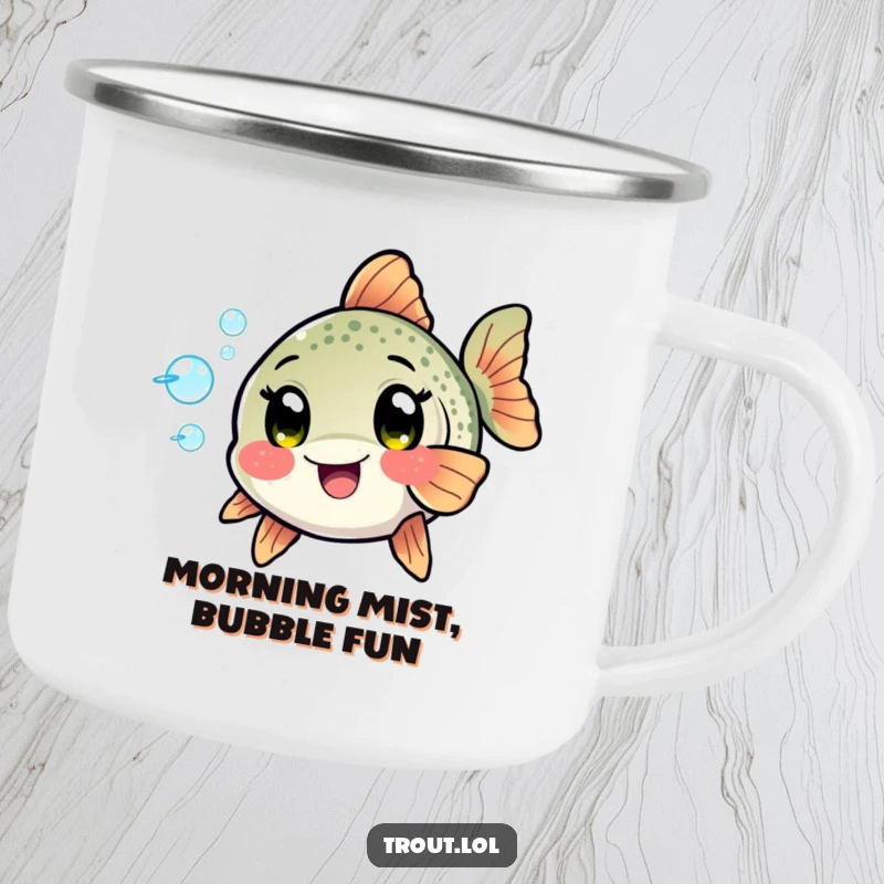 Funny Kawaii Trout Camping Mug: A trout playfully blows bubbles, perfect for outdoor brews with a dose of aquatic charm and humor.
