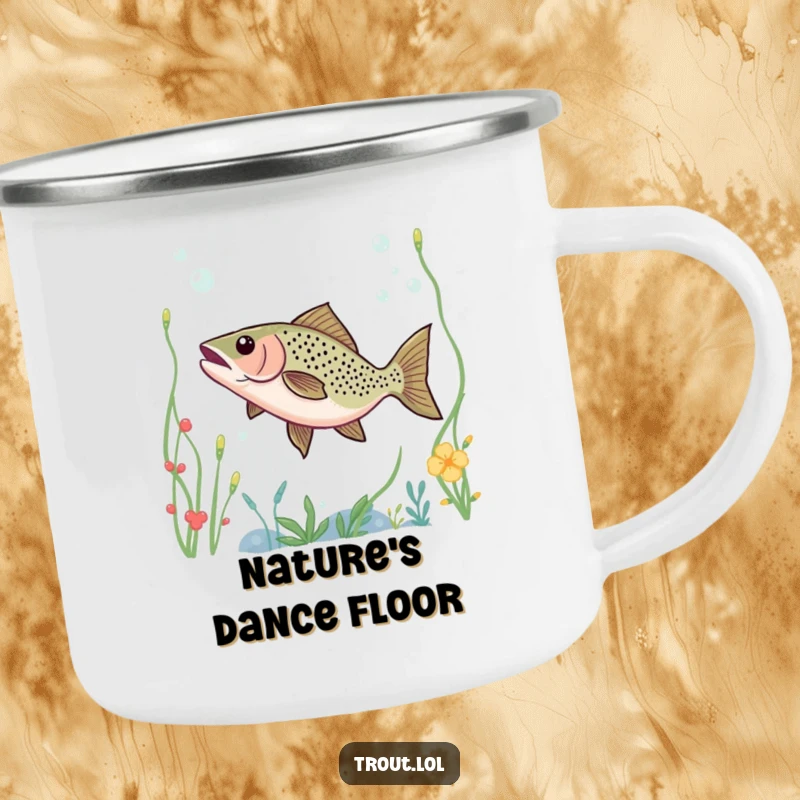 Funny camping mug with a trout dancing through underwater plants, perfect for adding humor to outdoor adventures.