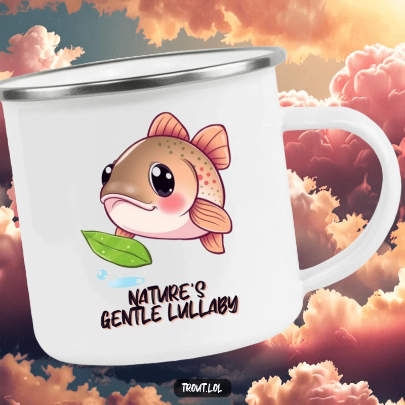 Funny enamel camping mug showcasing a trout with wide, curious eyes, watching a leaf float by, a humorous and rugged companion for outdoor adventures.