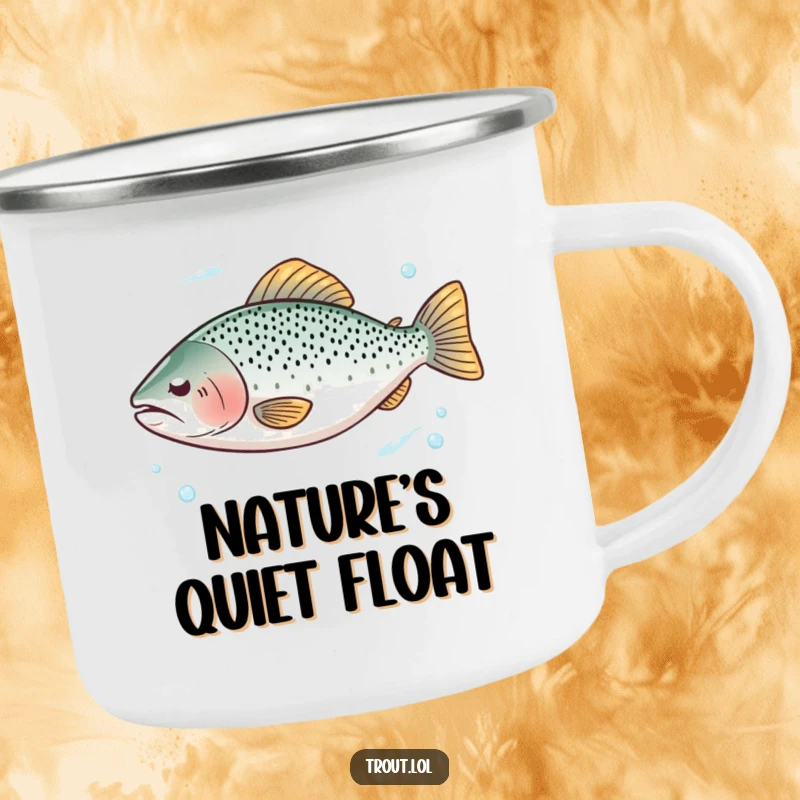 Funny camping mug showing a trout with closed eyes floating serenely in clear water, perfect for peaceful camping.