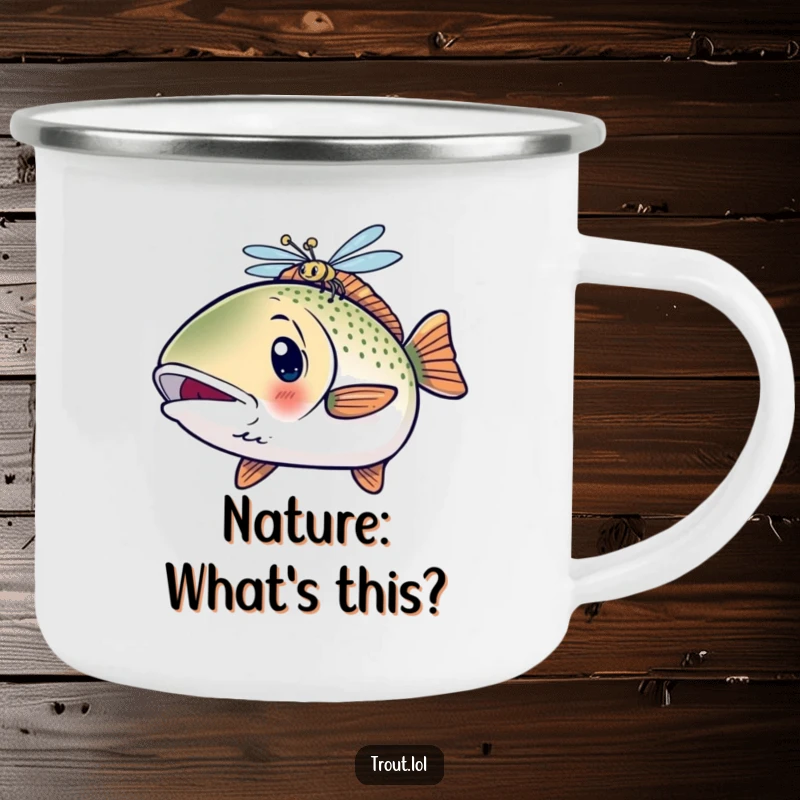 Funny Surprised Kawaii Trout Camping Mug with a shocked fish looking at a dragonfly, ideal for outdoor humor.