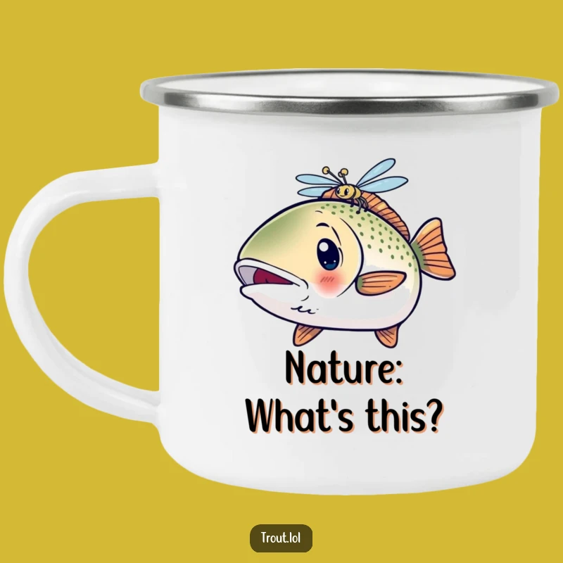 Funny Surprised Trout Camping Mug: Shocked Fish & Dragonfly Outdoor Gift