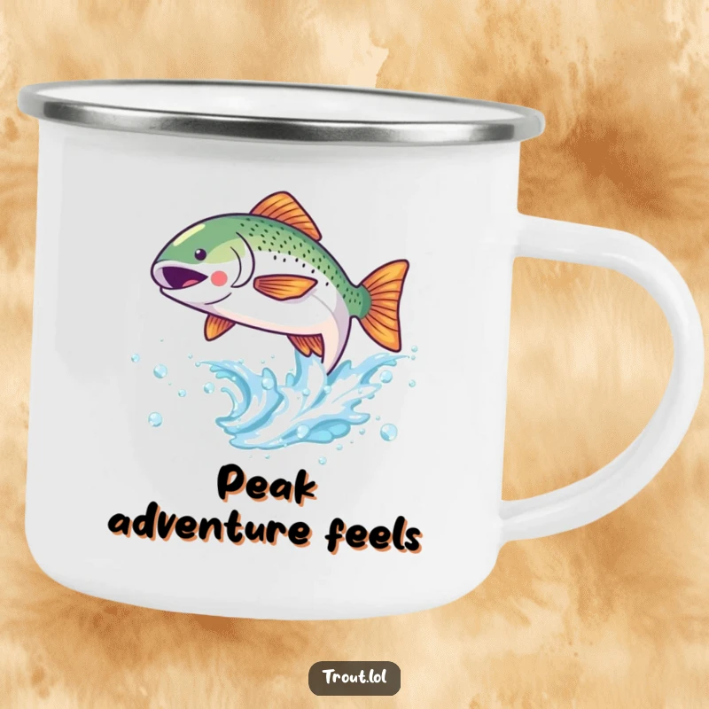 Funny camping mug featuring a cute kawaii trout leaping joyfully from a sparkling wave, perfect for outdoors.