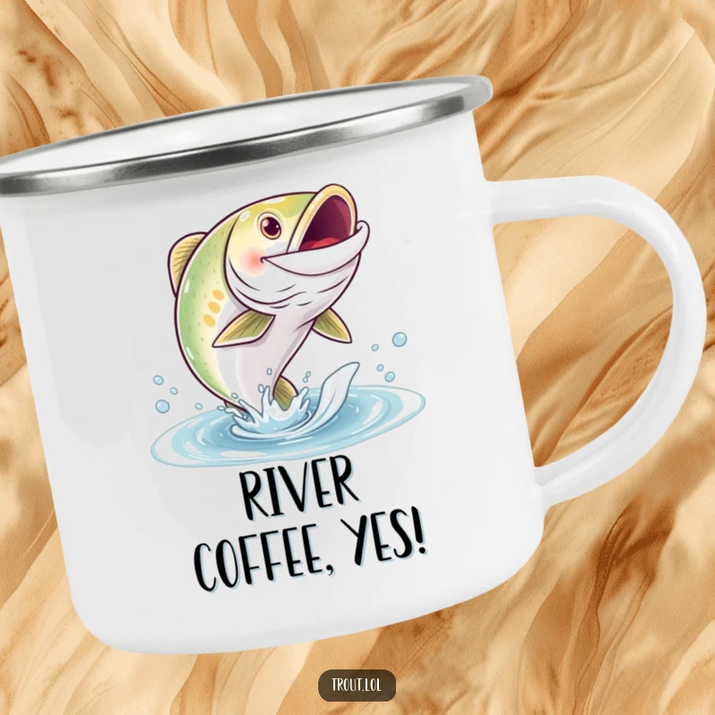 Funny camping mug with a grinning trout character leaping joyfully from the water, perfect for outdoor fishing trips.