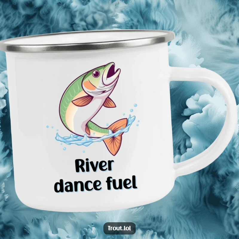 Funny camping mug with a trout mid-graceful flip in clear blue water, perfect for outdoor enthusiasts and anglers.