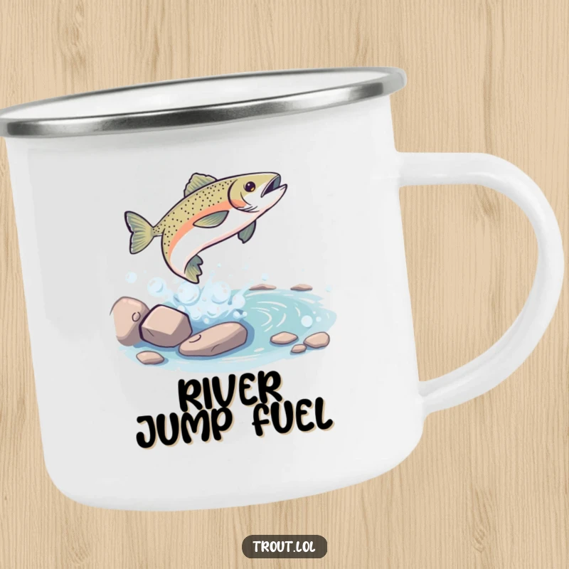 Funny Camping Mug: Enamel cup with a playful trout leaping from a bubbly stream, offering humorous outdoor fun for adventures, a fun gift.
