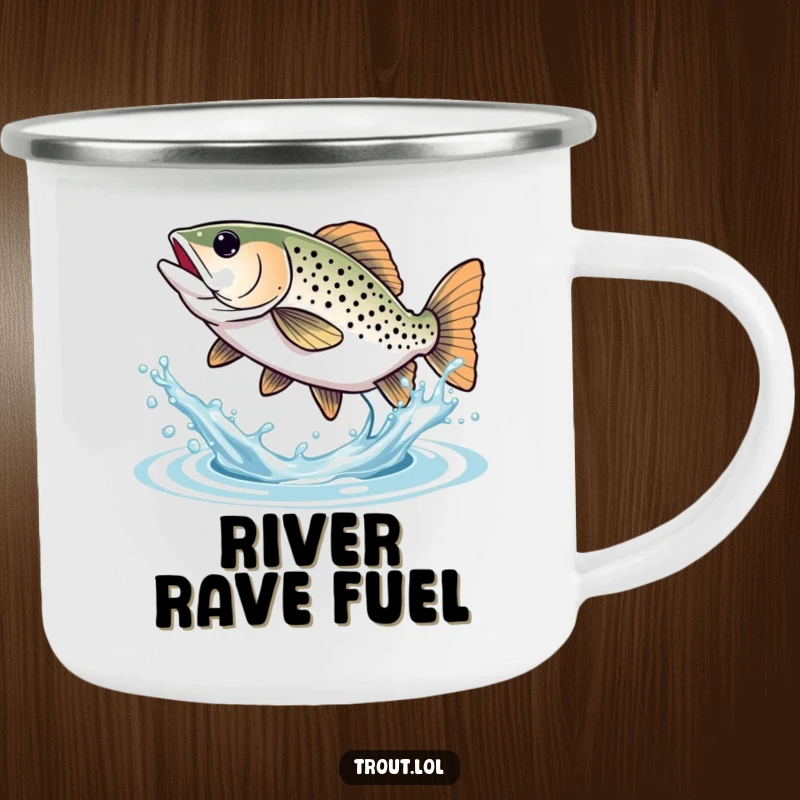 Funny Trout Camping Mug: Rugged mug with a trout joyfully splashing water with its tail, perfect for outdoor enthusiasts.
