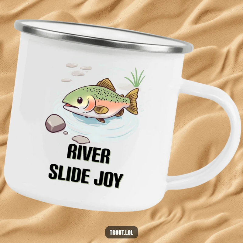 Funny camping mug depicting a trout in blissful repose, sliding down a water current, great for outdoor relaxation lovers.