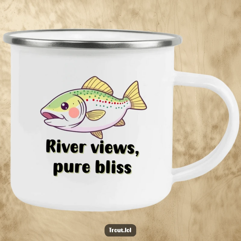 Funny Camping Mug with a happy trout gliding joyfully, fins spread wide, perfect for outdoor enthusiasts seeking a cheerful drink.