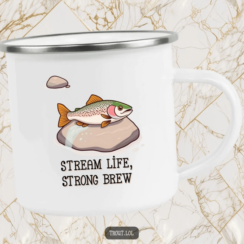 Funny camping mug with a trout sliding down a river rock, perfect for adding humor to outdoor adventures.