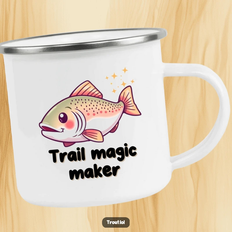 Funny camping mug featuring a trout in a happy swirl, leaving a trail of sparkles, perfect for outdoor enthusiasts and magic lovers.