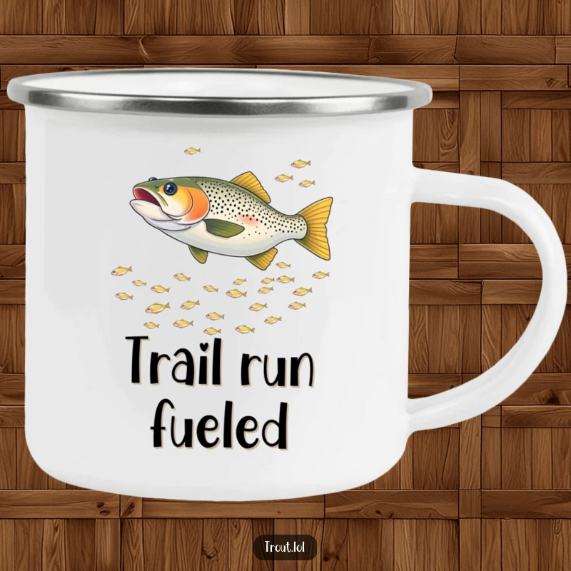 Funny camping mug showing a trout playfully chasing a school of tiny shimmering fish, ready for outdoor adventures and coffee.