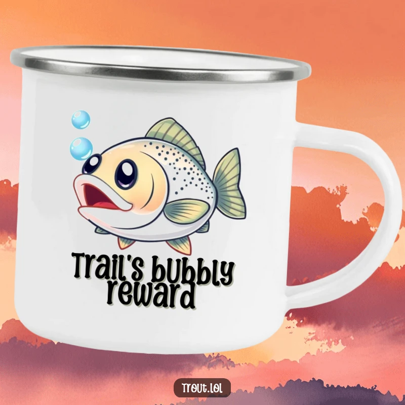 Funny enamel camping mug featuring a trout with gleeful eyes, ready to enjoy a drink outdoors.